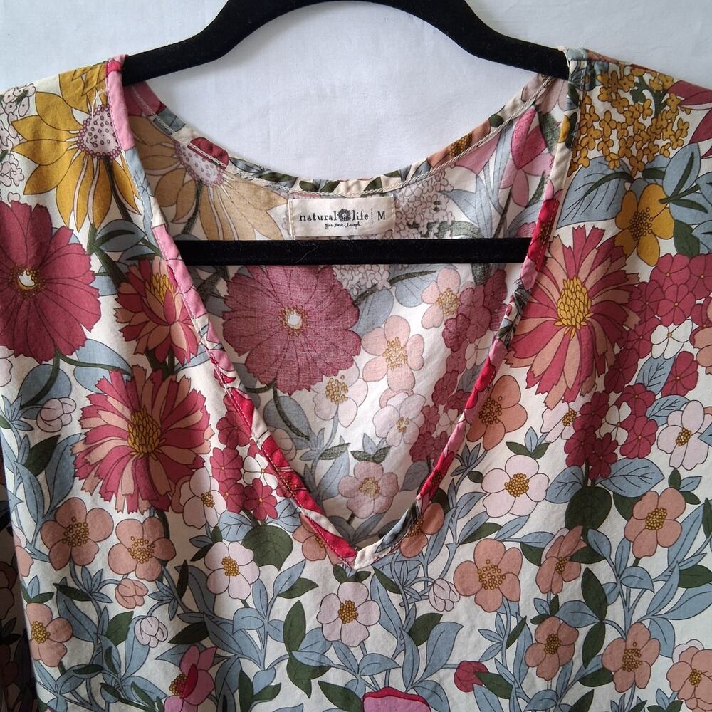 Natural Life Women V Neck Loose Top Botanical Multicolor Bohemian Boho Chic-M - Picture 9 of 9